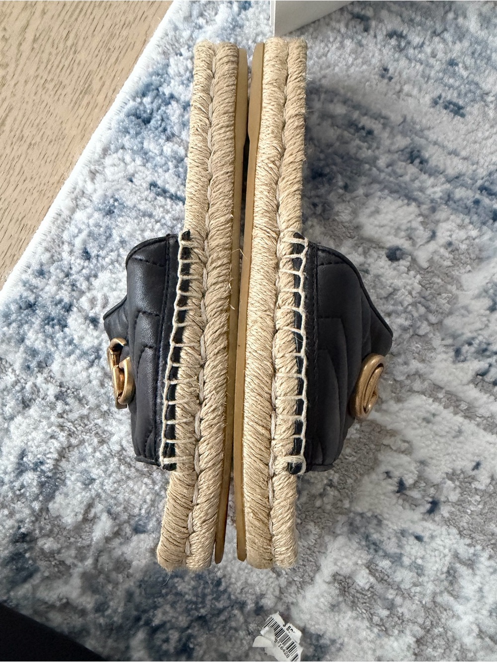 Gucci Black Quilted Leather GG Espadrille Slides with Gold Hardware - Picture 7 of 9